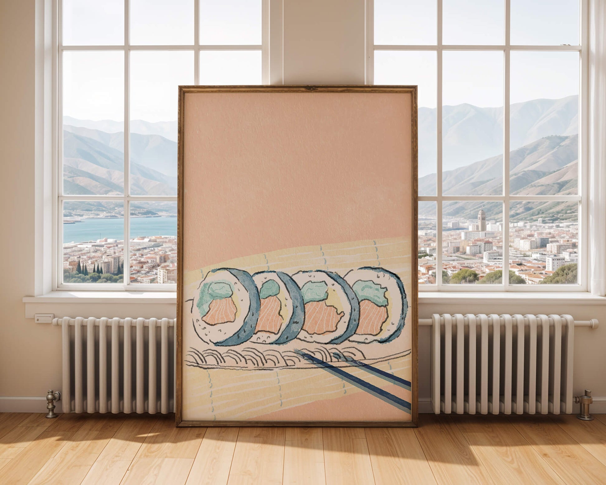 Colorful sushi rolls with chopsticks on pastel background