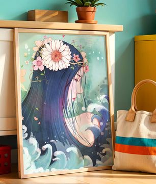 Illustration of a serene woman with floral crown and ocean waves