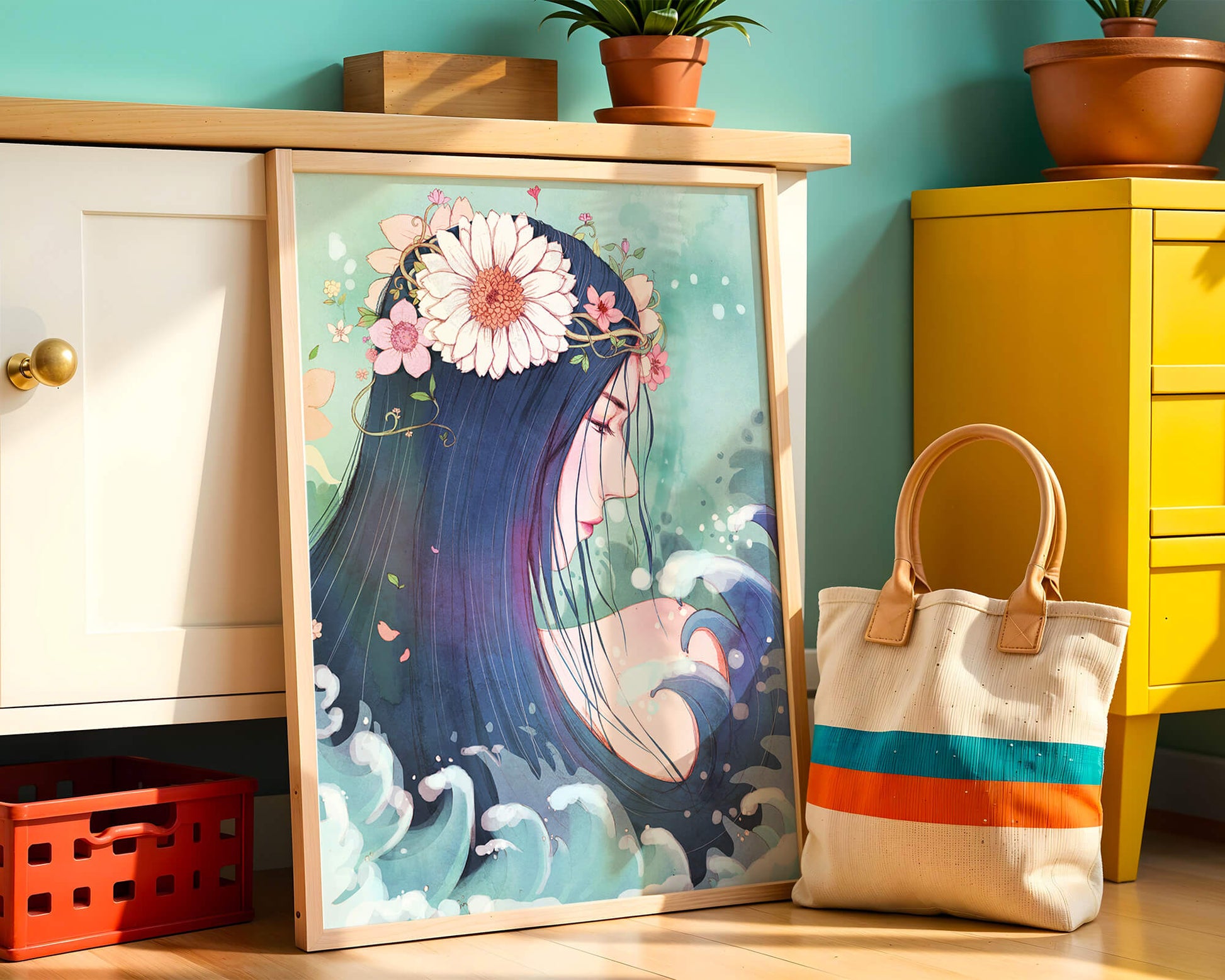 Illustration of a serene woman with floral crown and ocean waves