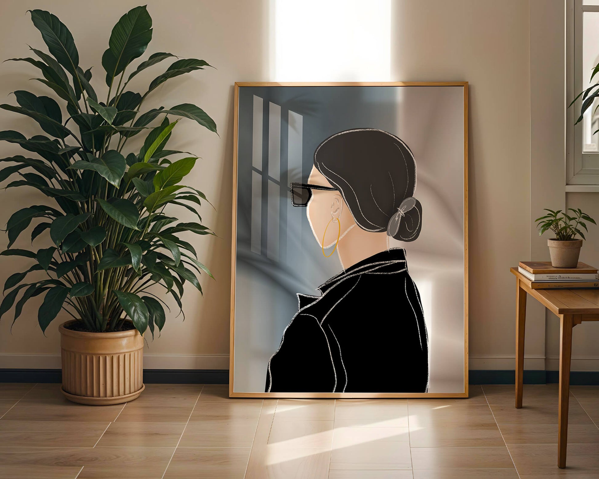 Modern woman with sunglasses and gold hoop earrings