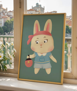 Illustration d'un lapin cartoon avec un bandeau et un sac rond