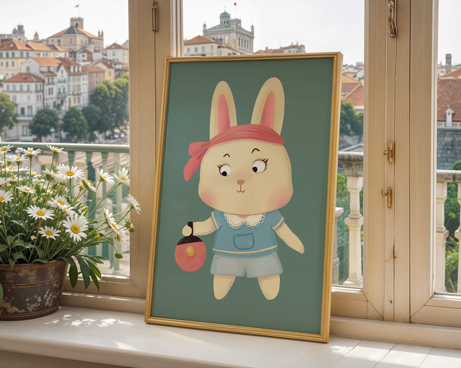 Illustration d'un lapin cartoon avec un bandeau et un sac rond