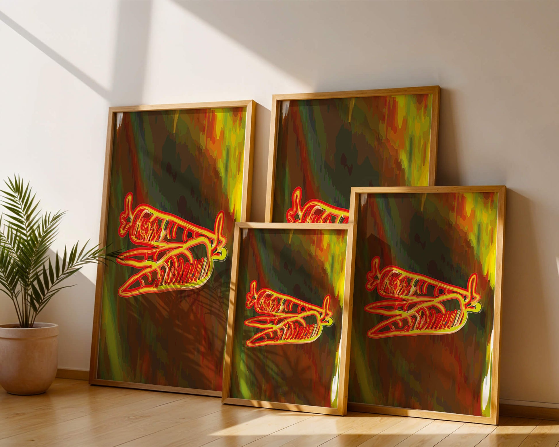 Vibrant abstract carrot illustration with dynamic red and orange patterns