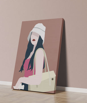 Ilustración elegante de una mujer con sombrero de cubo y ropa casual