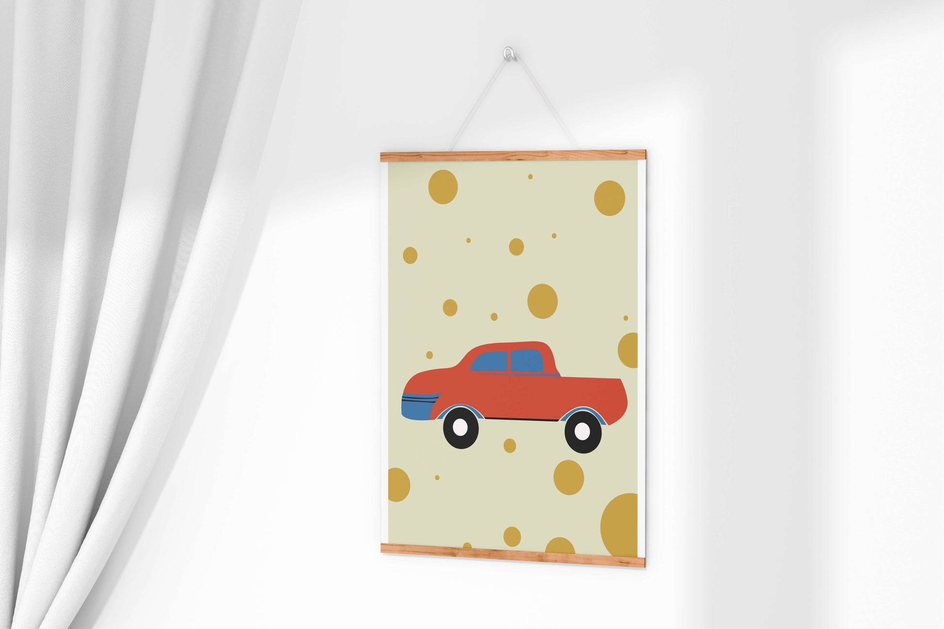 Abstract illustration of a red car with golden circles on a beige background