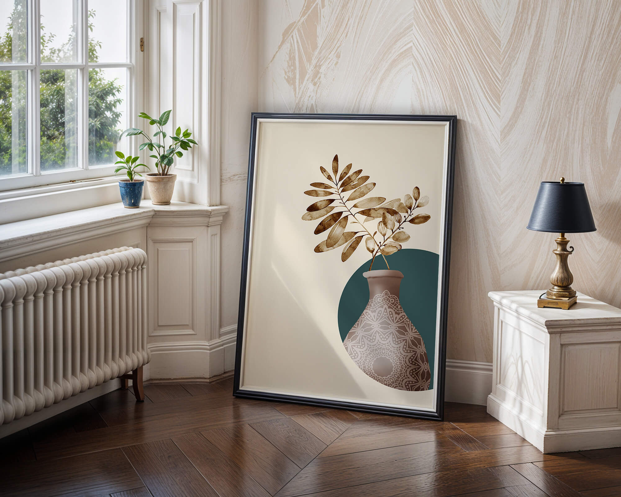 Elegant Botanical Illustration With Mandala Vase - Mi tienda