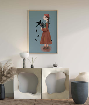 chica en atuendo vintage con pájaro y libro sobre fondo azul