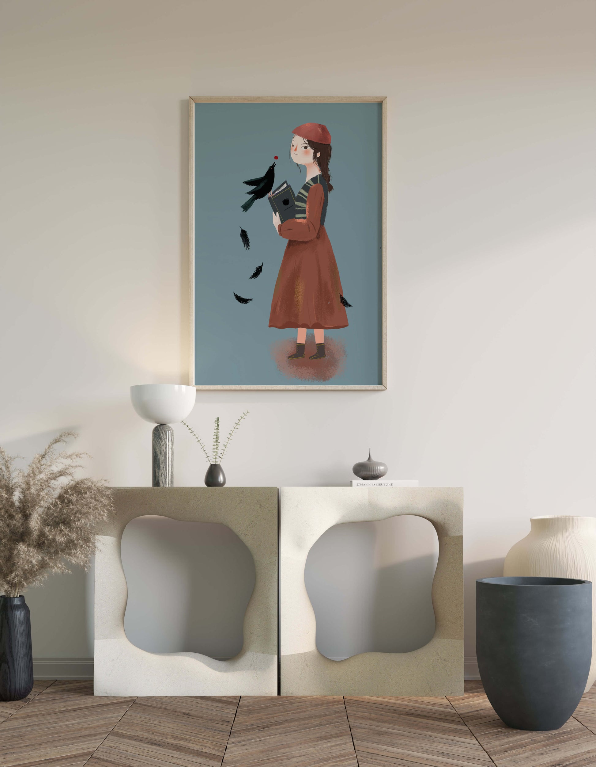 girl in vintage attire with bird and book on blue background