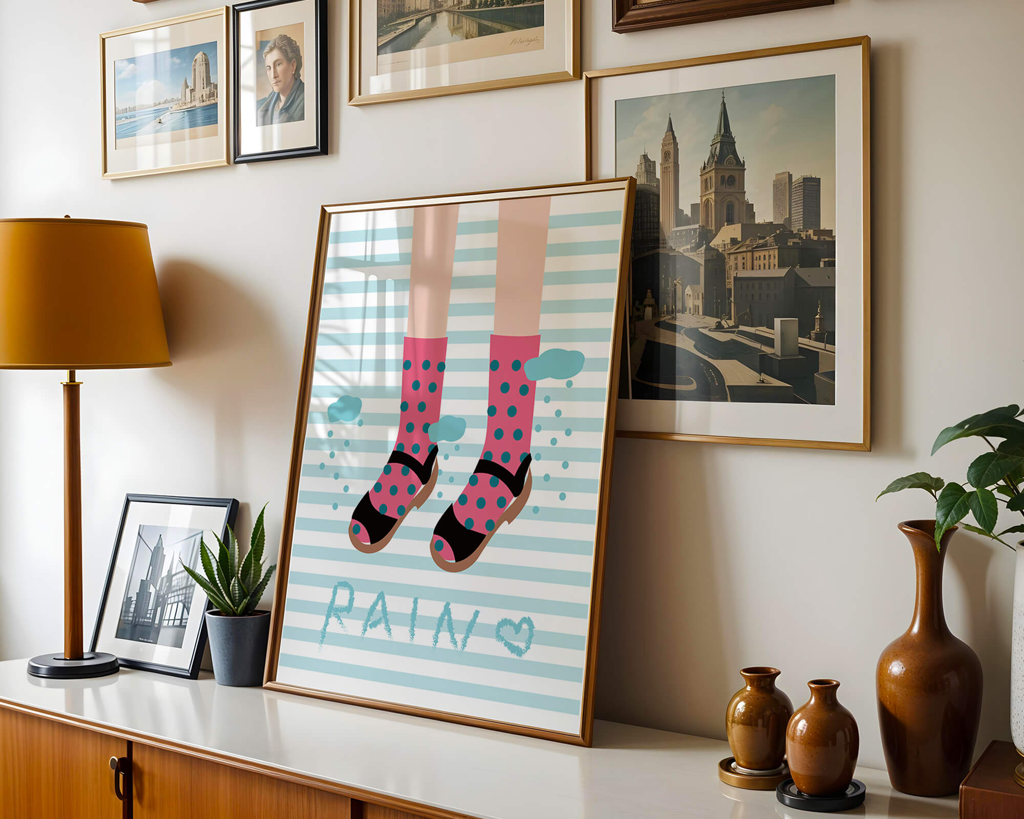 Illustration of polka dot socks and sandals on a striped background