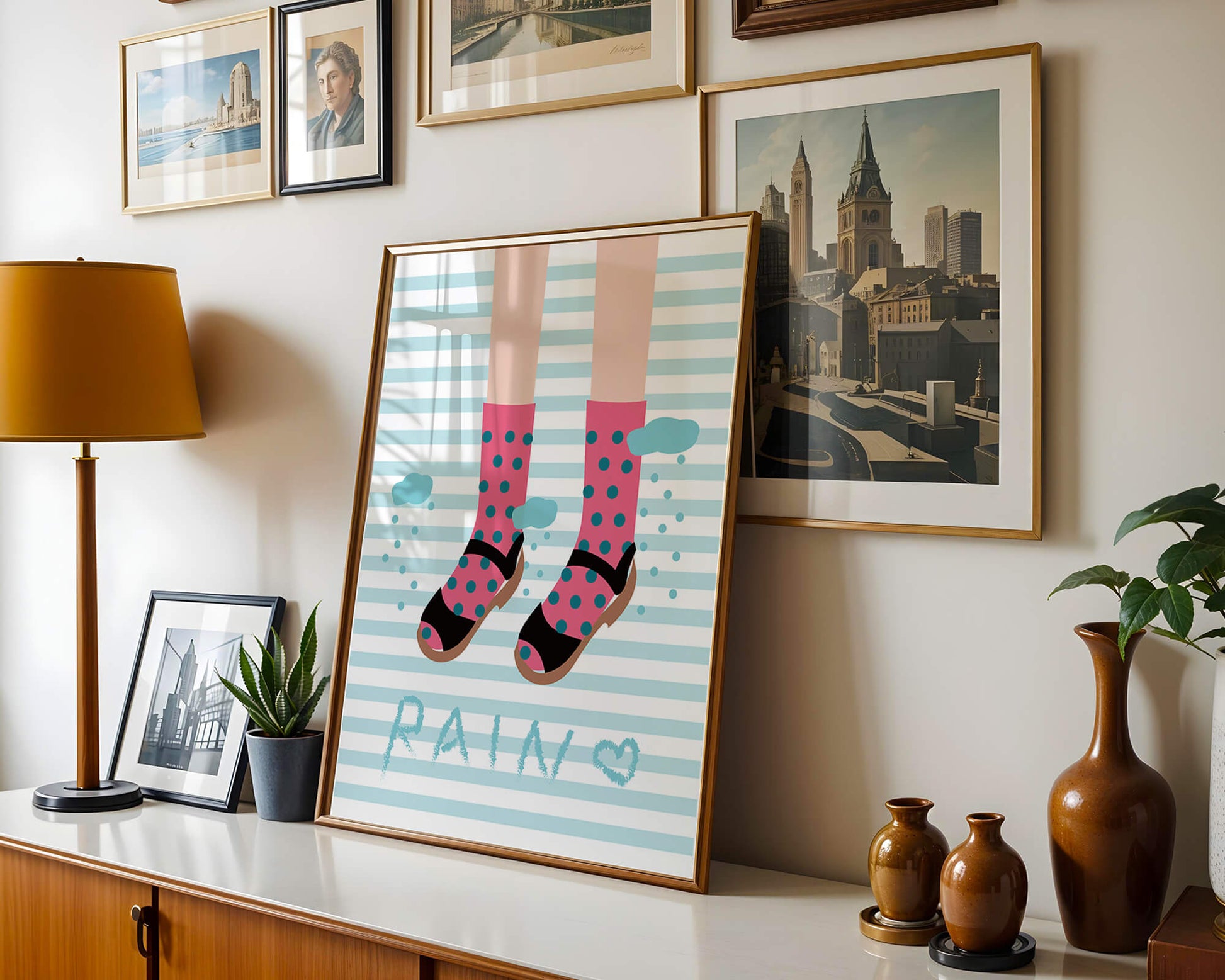 Illustration of polka dot socks and sandals on a striped background