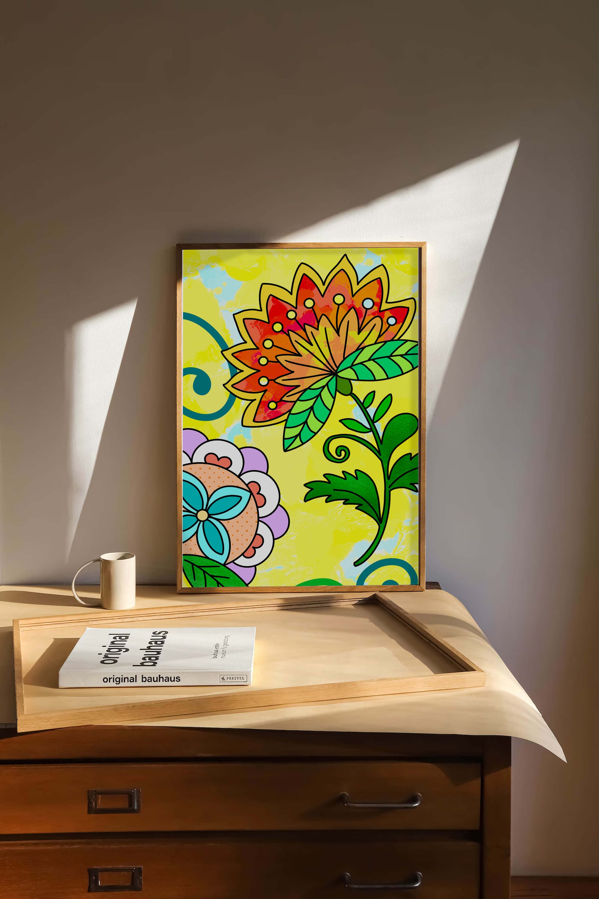 Colorful abstract floral illustration with bright yellow background