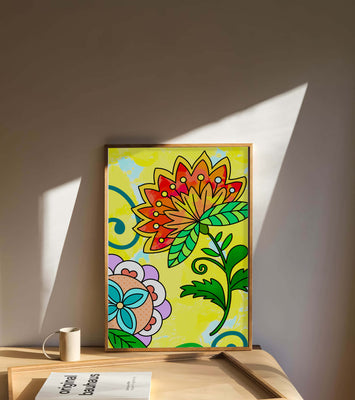 Colorful abstract floral illustration with bright yellow background