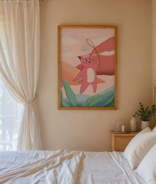 Pink Cat Holding Net in Whimsical Landscape