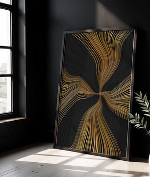 Líneas doradas abstractas sobre fondo negro con flujo dinámico