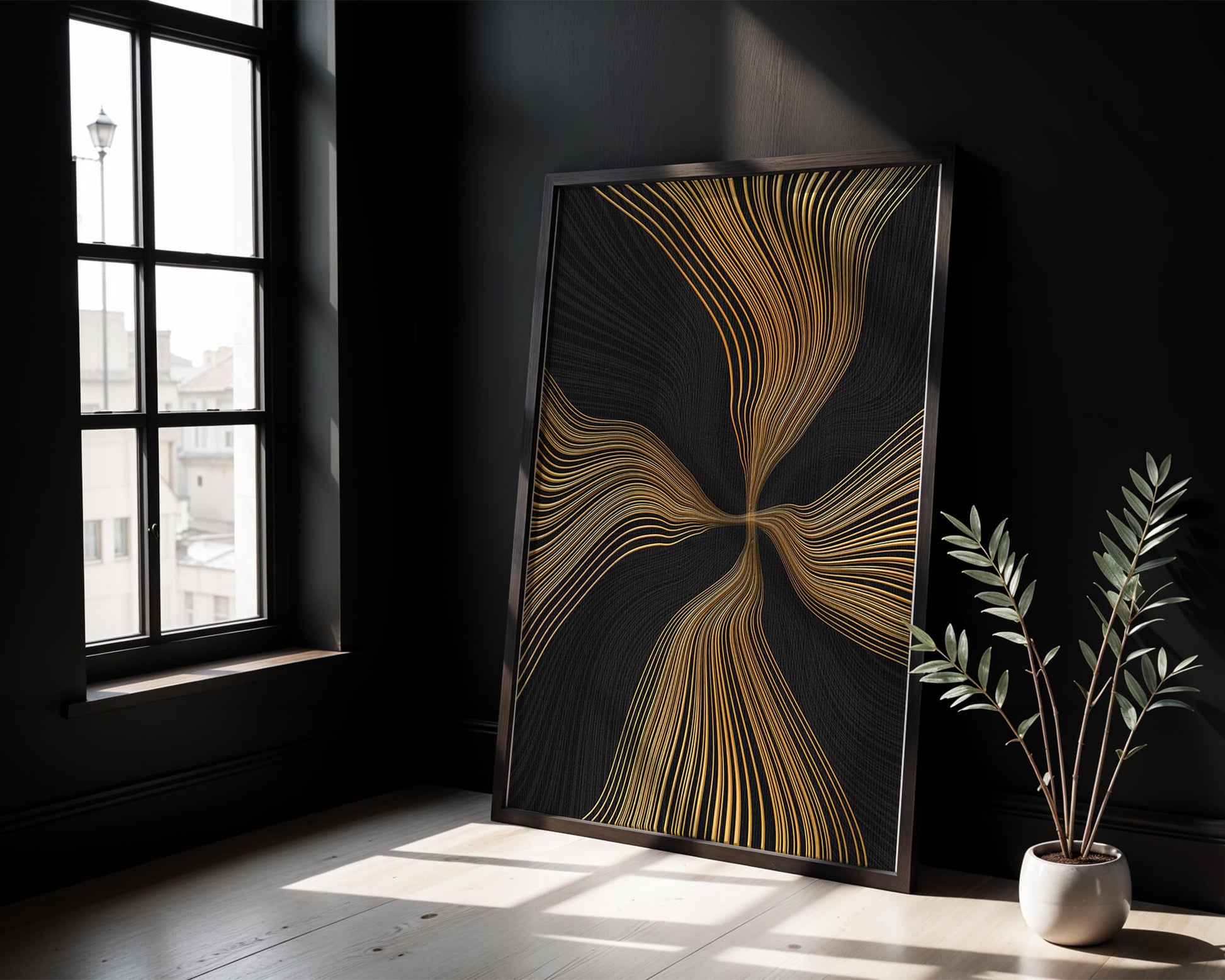 Líneas doradas abstractas sobre fondo negro con flujo dinámico