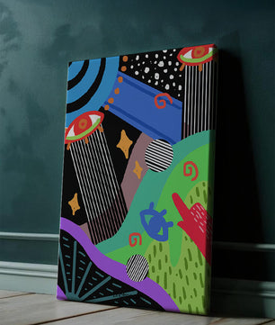 Œuvre d'art psychédélique abstraite colorée avec des formes géométriques et des yeux