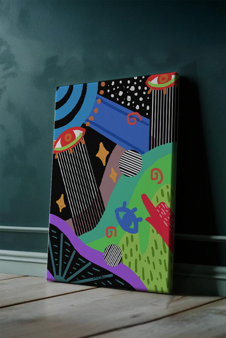 Œuvre d'art psychédélique abstraite colorée avec des formes géométriques et des yeux