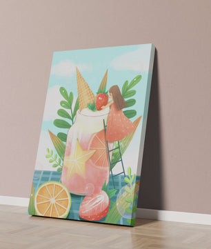 Bezaubernde Sommergetränk-Illustration mit Früchten, Blättern und einem Kind