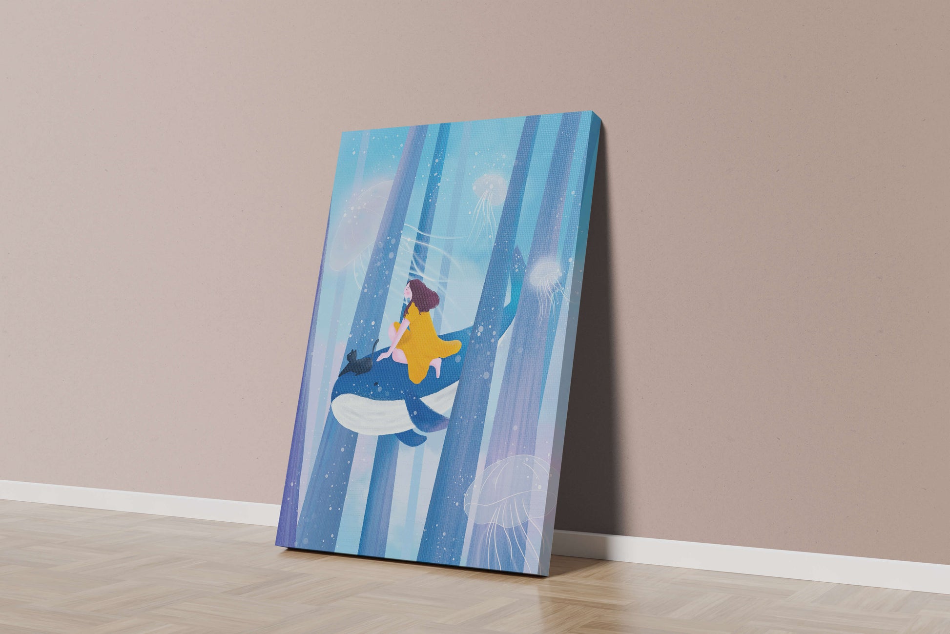 Dreamlike scene with girl, cat, and whale in an ethereal ocean