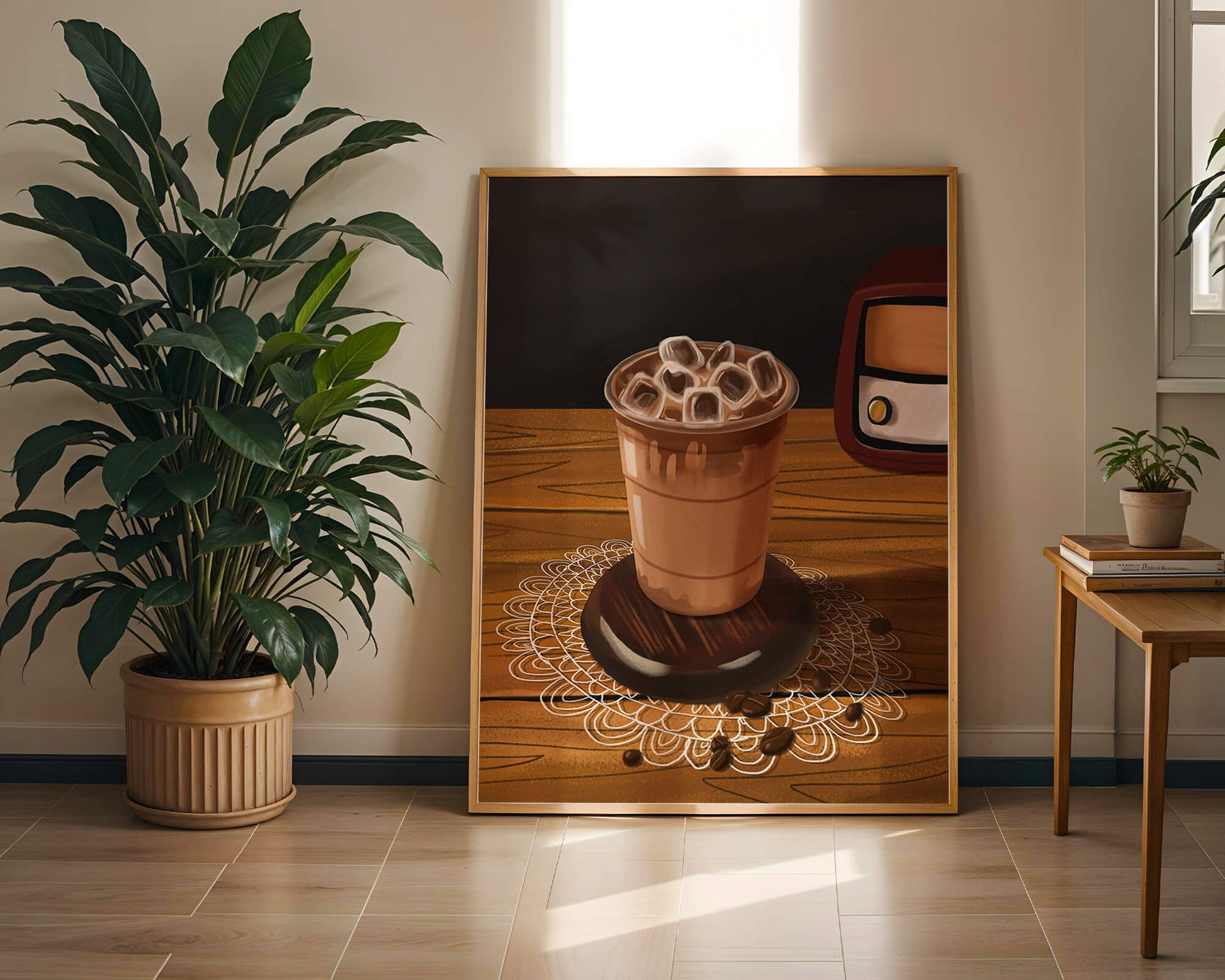 Escena de café vintage con café helado y radio retro