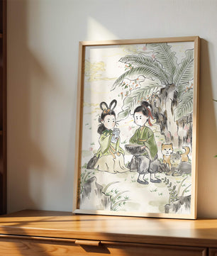 Arte asiático tradicional con dos personas y perros bajo un árbol