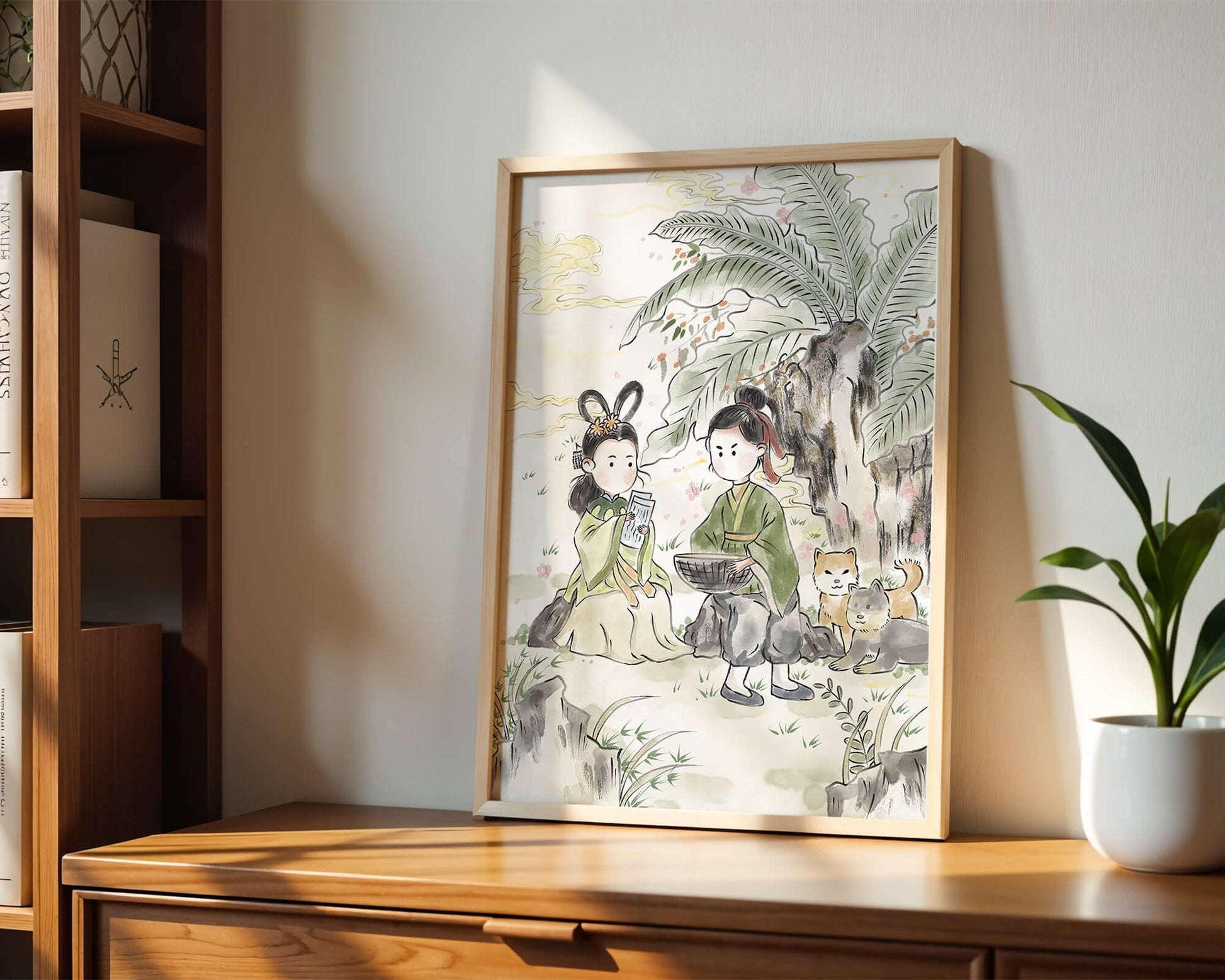 Arte asiático tradicional con dos personas y perros bajo un árbol