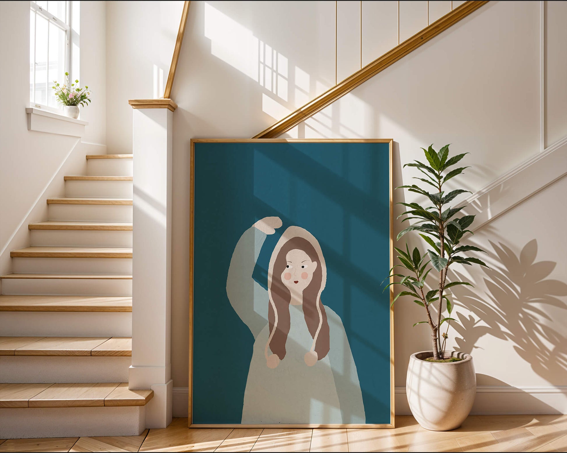 Illustrated girl with hoodie on teal background