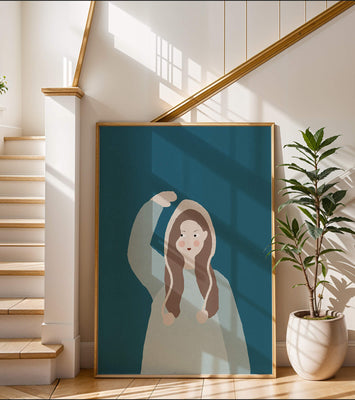 Illustrated girl with hoodie on teal background