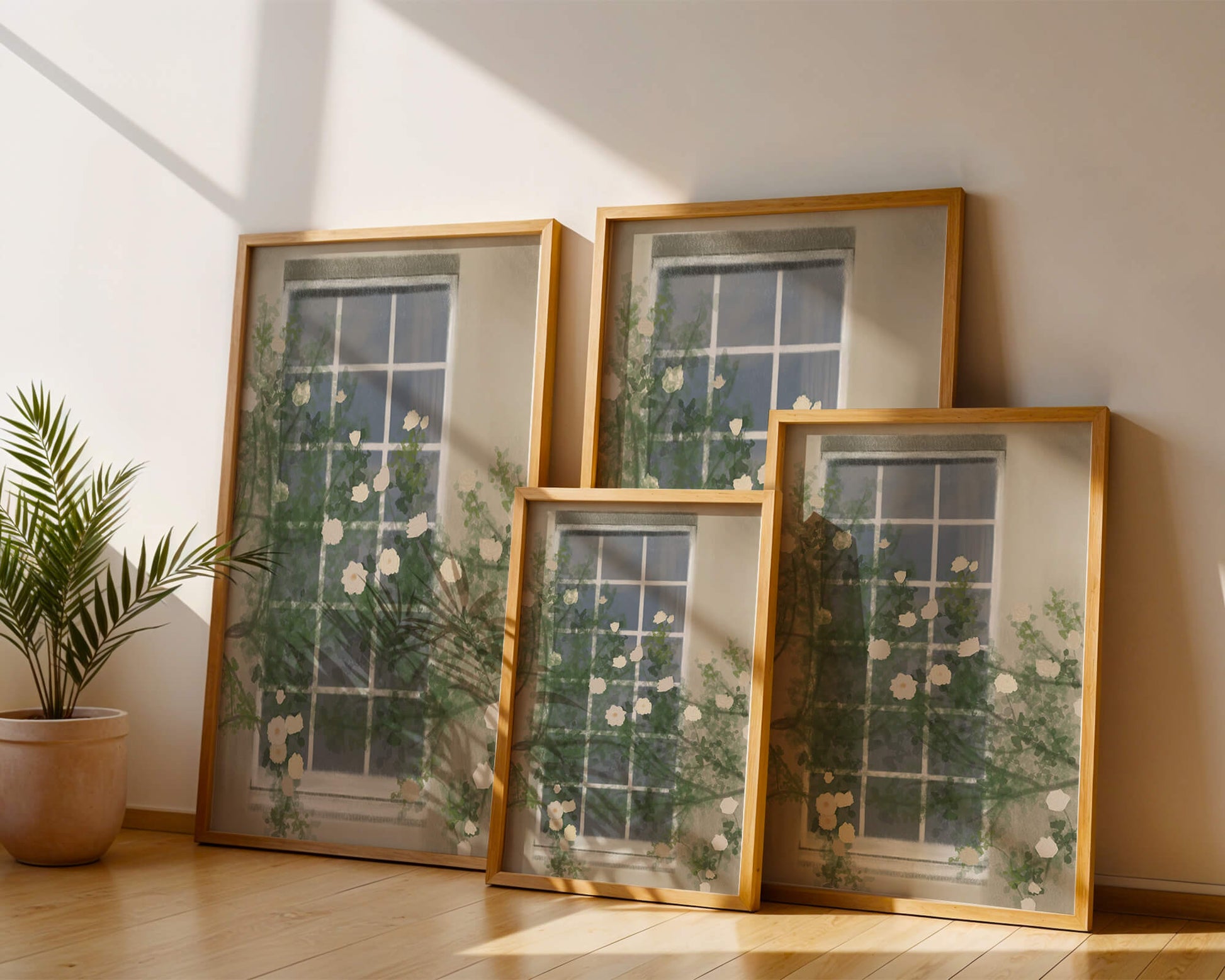 Floral Window with Climbing Roses in a Tranquil Setting
