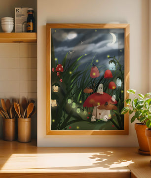Enchanted night scene with glowing mushrooms and moonlit sky