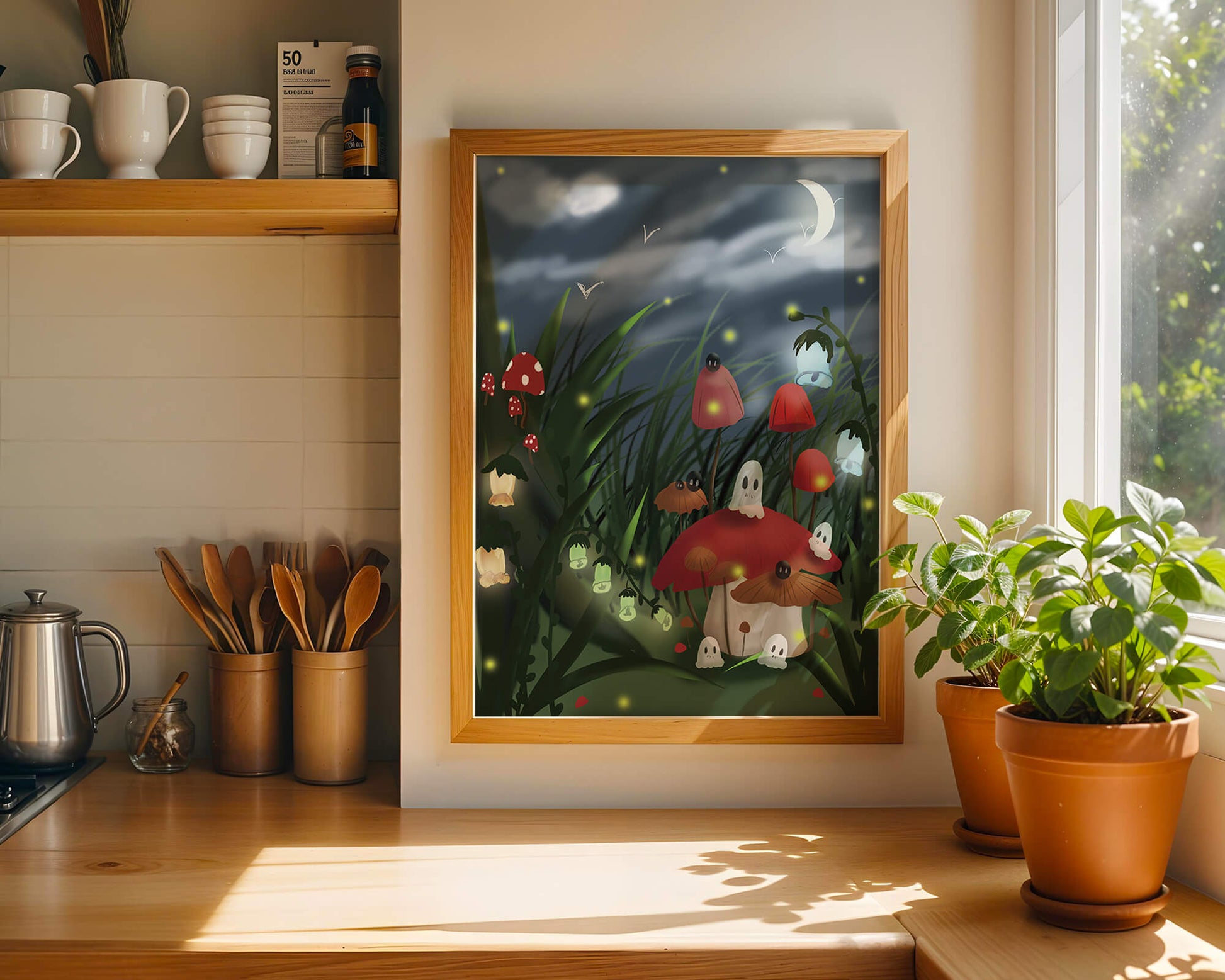 Enchanted night scene with glowing mushrooms and moonlit sky