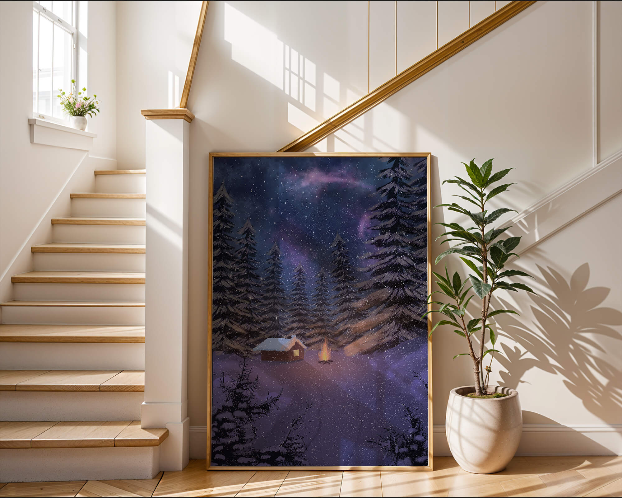 Winter night landscape with snowy cabin and pine forest