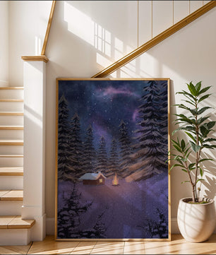 Winternachtlandschaft mit verschneiter Hütte und Kiefernwald