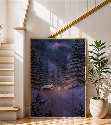 Winter night landscape with snowy cabin and pine forest