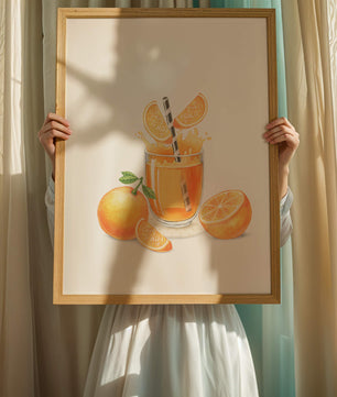 Illustration of a refreshing orange juice with fresh oranges and splash