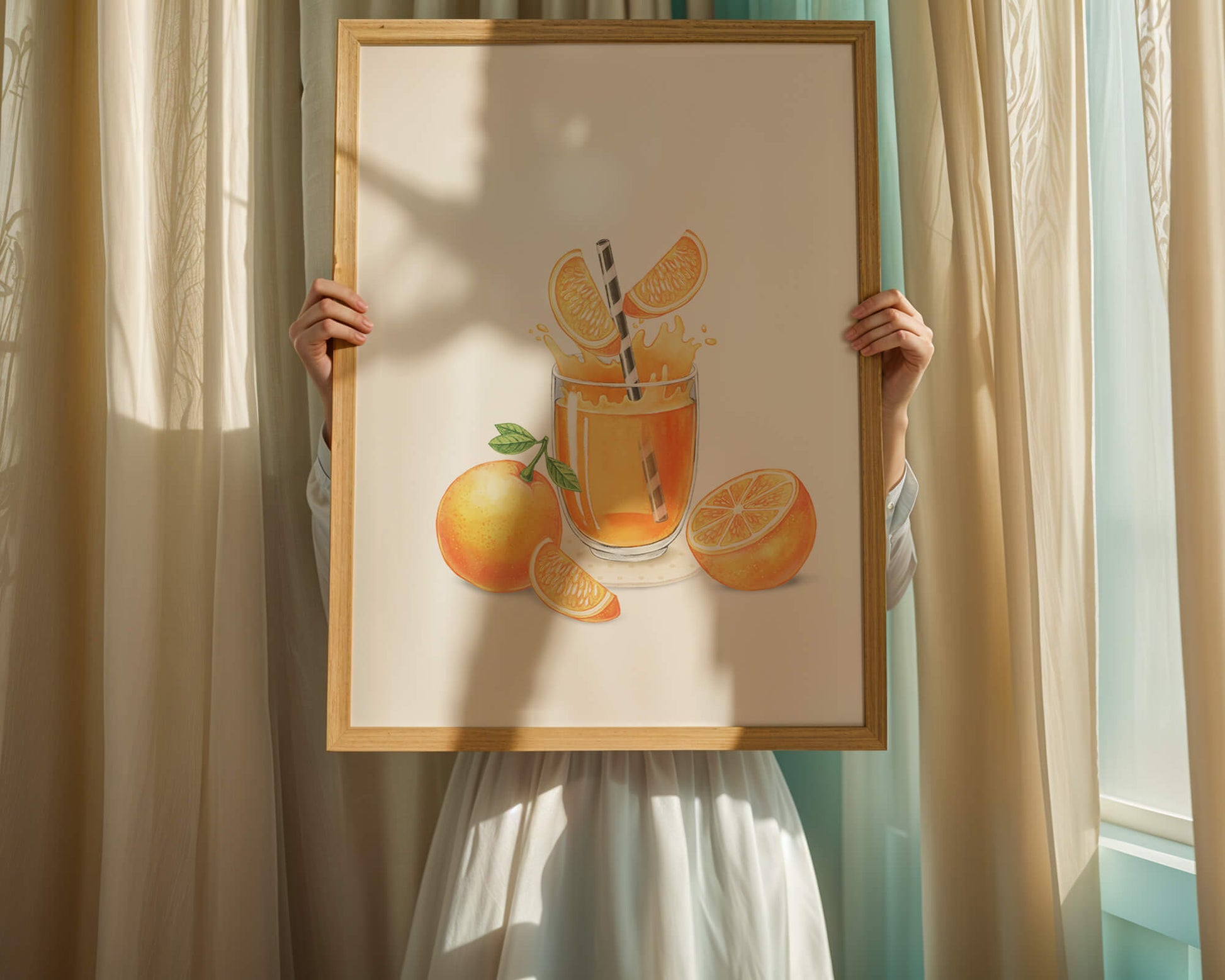 Illustration of a refreshing orange juice with fresh oranges and splash