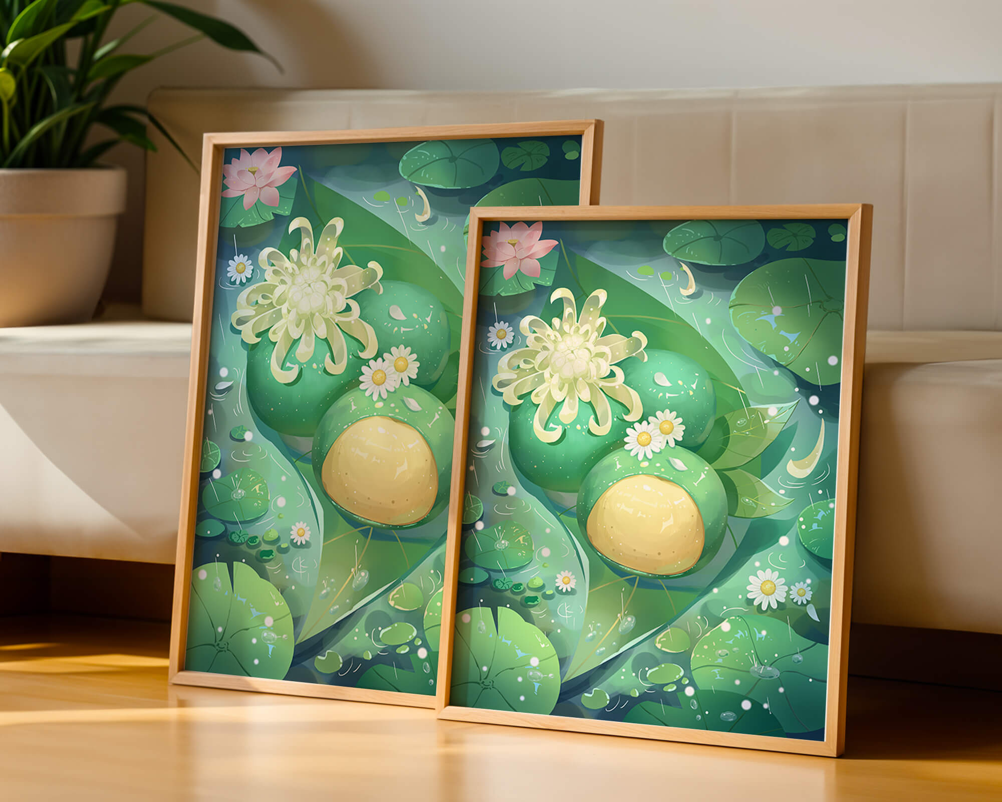 Lush aquatic scene with lotus flowers and green leaves