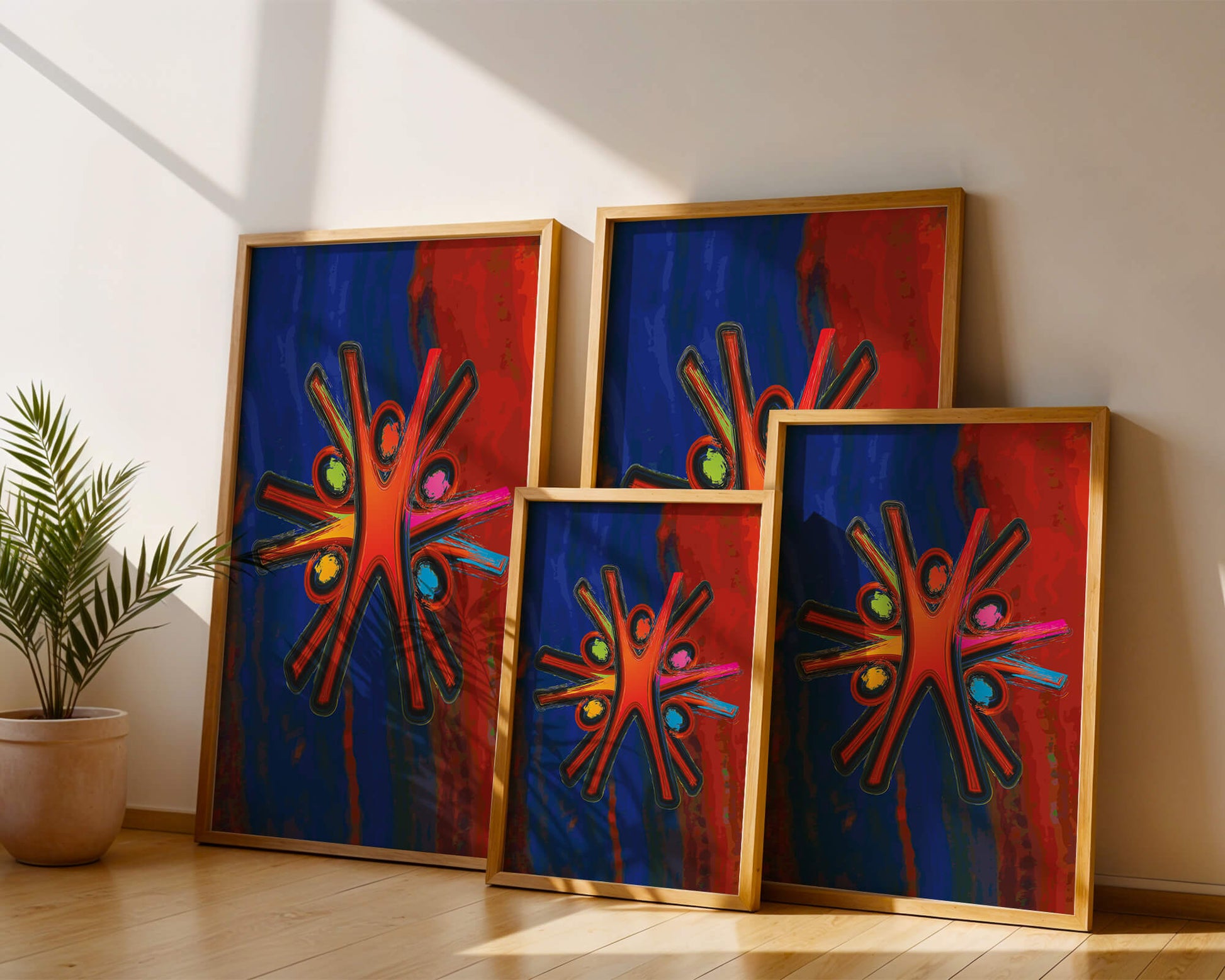 Abstract art with dynamic figures and vibrant colors