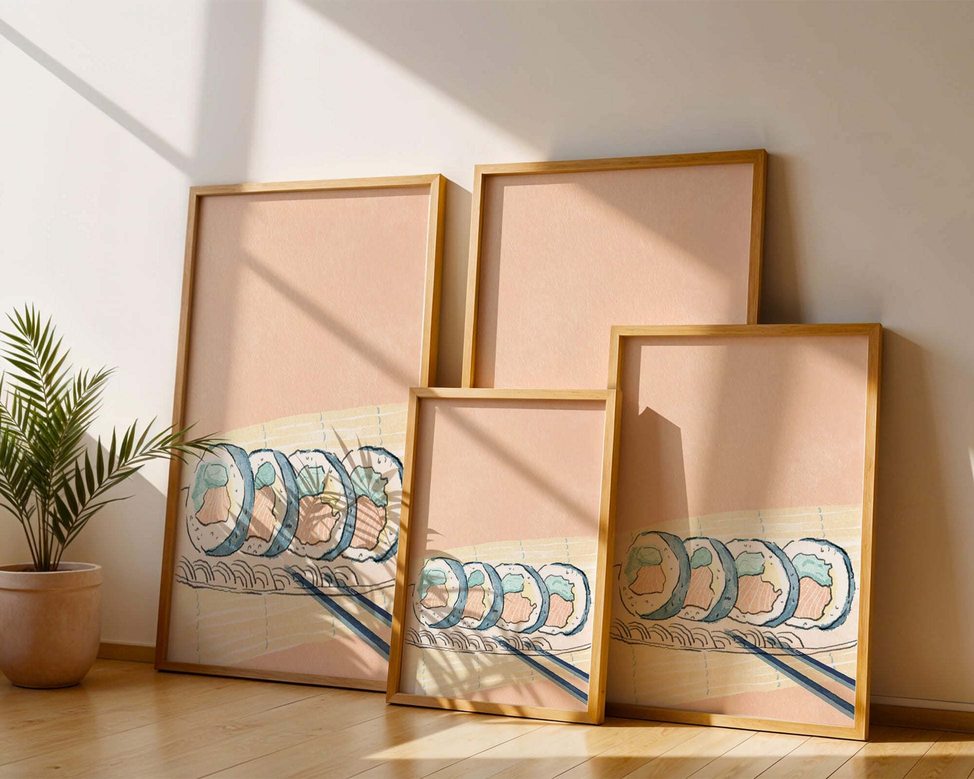 Colorful sushi rolls with chopsticks on pastel background