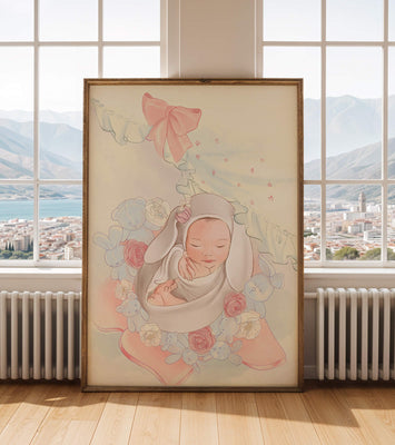Sweet sleeping baby surrounded by soft pastel decorations