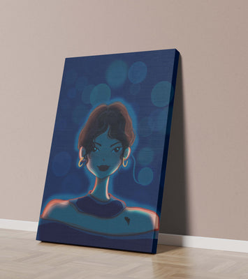 Illustration of a woman with bokeh lights and stylish earrings