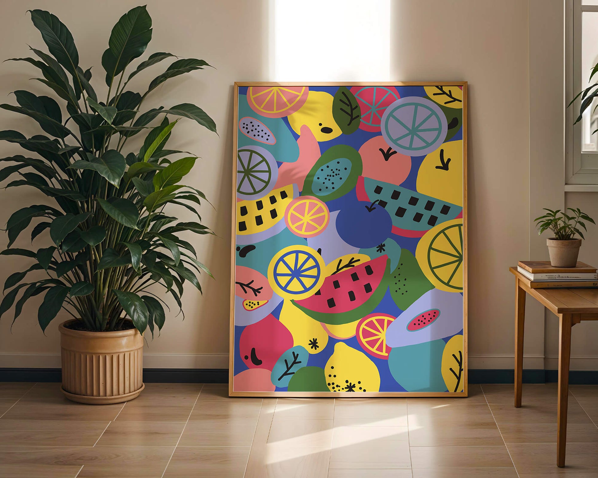 Patrón abstracto de frutas vibrantes con cítricos y melones sobre fondo azul