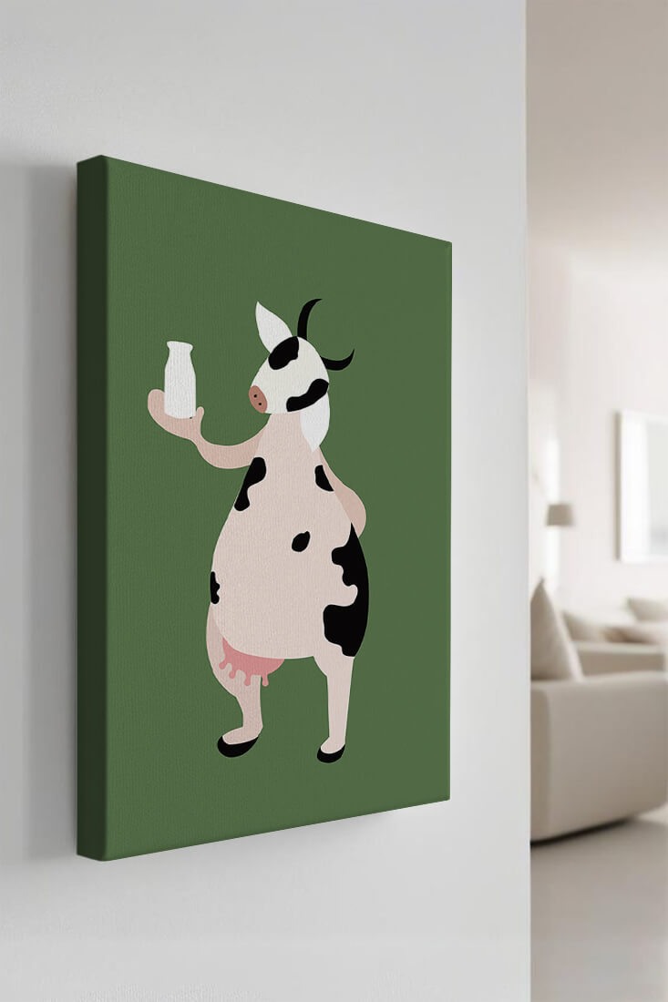 Illustration of anthropomorphic cow holding a milk bottle on green background