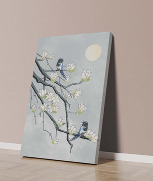 Magpies on Blooming Branches under Full Moon