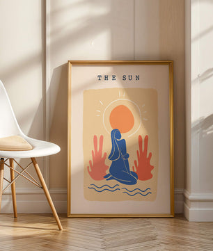 Modern abstract art poster featuring the sun and a serene figure in blue and coral tones - Mi tienda