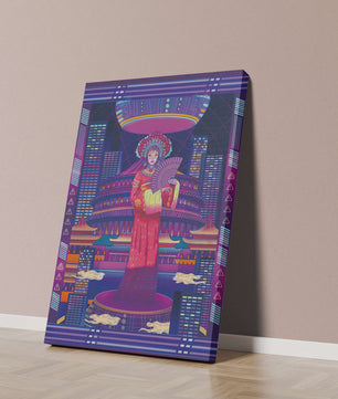 Futuristic Asian Inspired Artwork with Neon Colors and Geisha in Traditional Attire