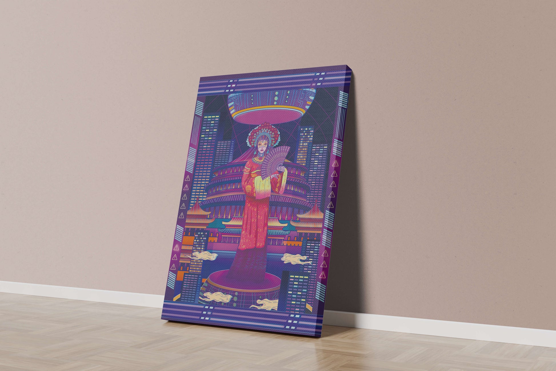 Futuristic Asian Inspired Artwork with Neon Colors and Geisha in Traditional Attire