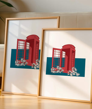 A Pink Phone Booth Surrounded by Flowers on a Teal Background