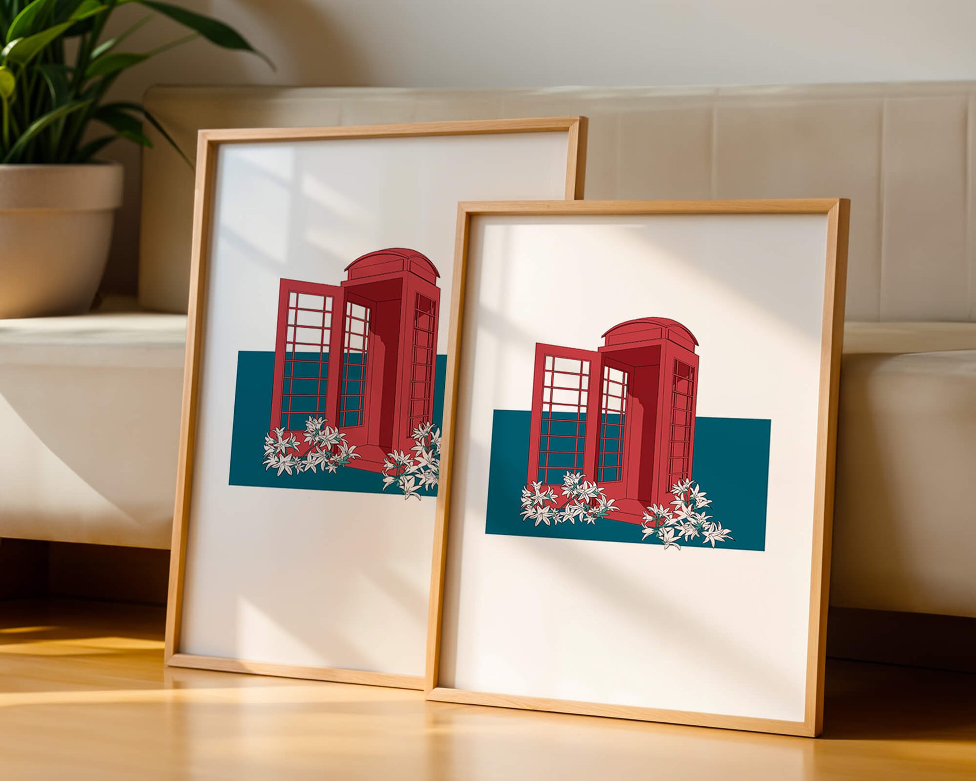 A Pink Phone Booth Surrounded by Flowers on a Teal Background