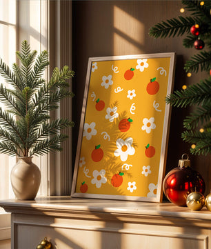 Playful floral and fruity pattern on a vibrant yellow background